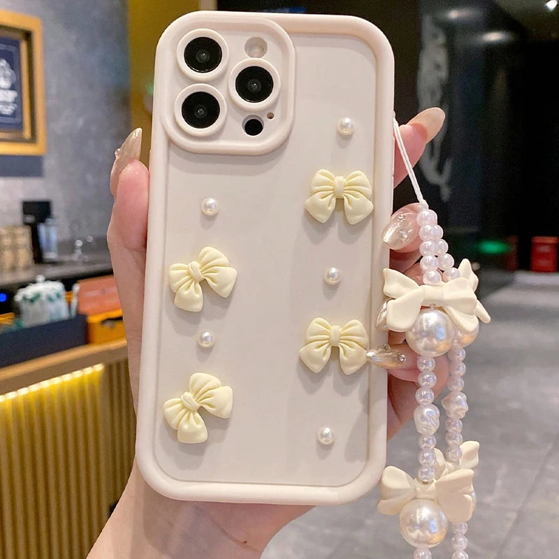 Korean 3D Bowknot Pearl Silicone Phone Case For iPhone 16 17 Pro 15 14 13 12 11 Pro Max 16E 7 8 Plus With Lanyard Soft Cover