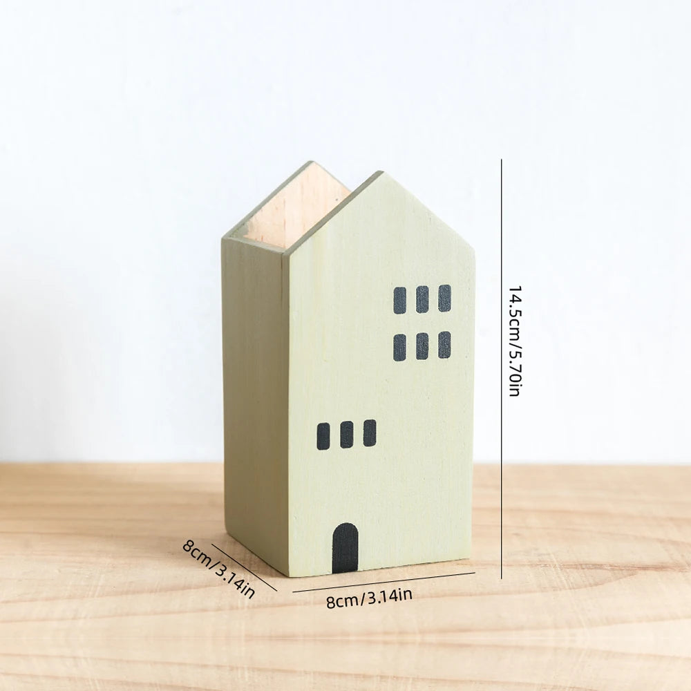 Cartoon House Wooden Pen Holder