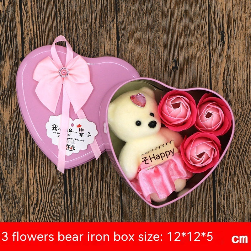 Soap Flower Gift Box Valentine's Day Gift Mother's Day Creative Gifts Bear Flower Rose Heart Shaped Tin Box