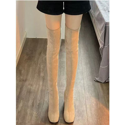 Stretchy Over-the-knee Chunky-heeled Boots For Fall And Winter
