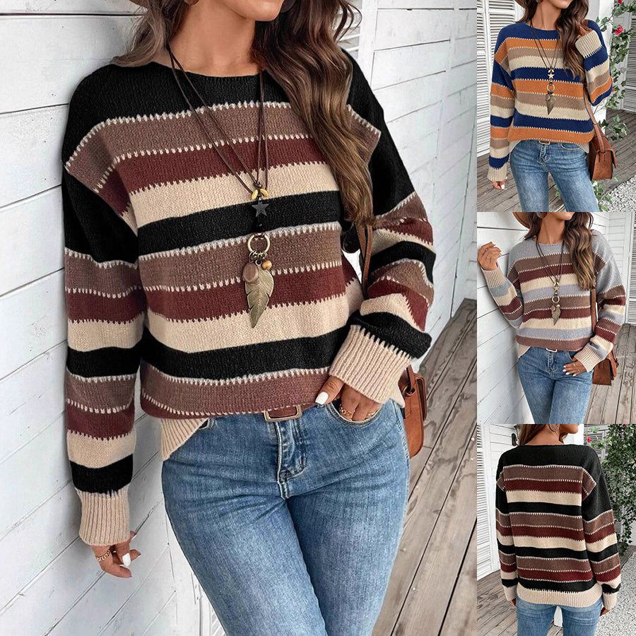 Colorblock Striped Pullover Sweater Fashion Casual Long Sleeve Top Autumn And Winter Women's Clothing