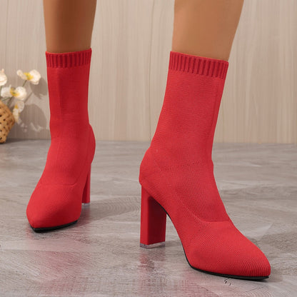 Chunky-heeled Knitted Suede Ankle Boots With Pointed Toes For Women