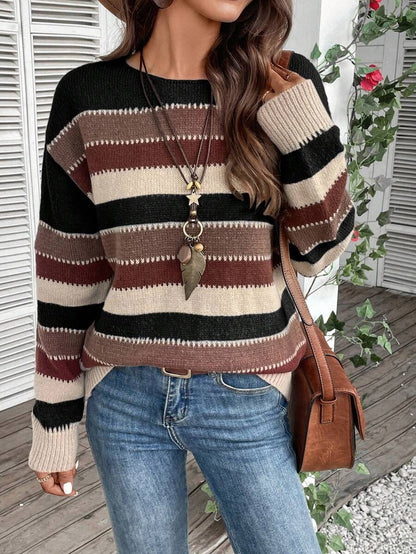 Colorblock Striped Pullover Sweater Fashion Casual Long Sleeve Top Autumn And Winter Women's Clothing