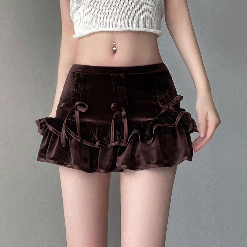 European And American Retro Brown Bow Bandage High Waist Velvet Skirt