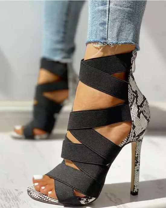 Cross Ties Snake Pattern Thin High Heels Sandals