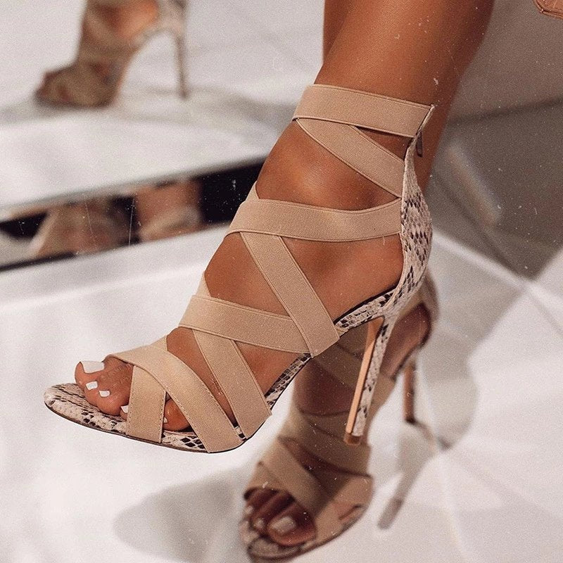 Cross Ties Snake Pattern Thin High Heels Sandals