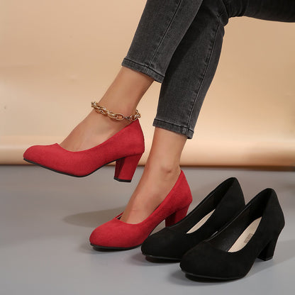 Autumn New Shallow Round Toe Thick Heel Slip-on Elegant High Heels