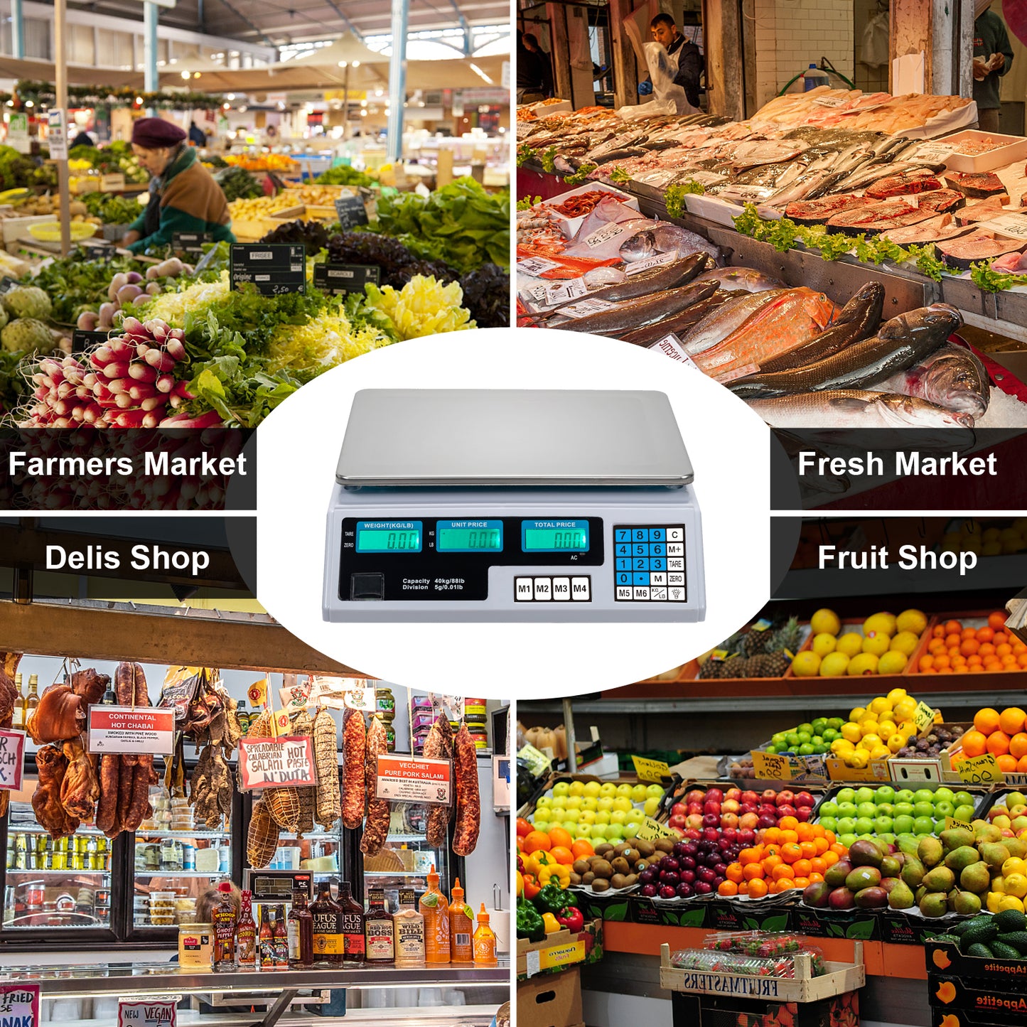 ACS-30 40kg/5g Digital Price Computing Scale for Vegetable UK Plug Silver & White