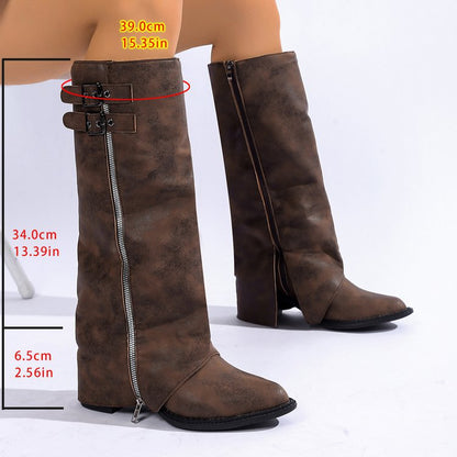 Pointed-toe Vintage Leather-buckle High-heeled Boots For Women