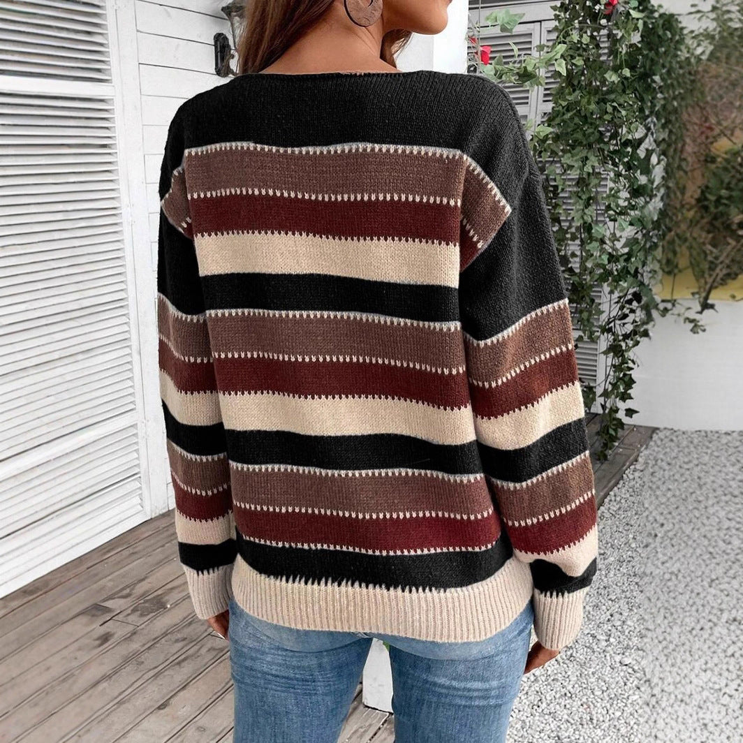 Colorblock Striped Pullover Sweater Fashion Casual Long Sleeve Top Autumn And Winter Women's Clothing