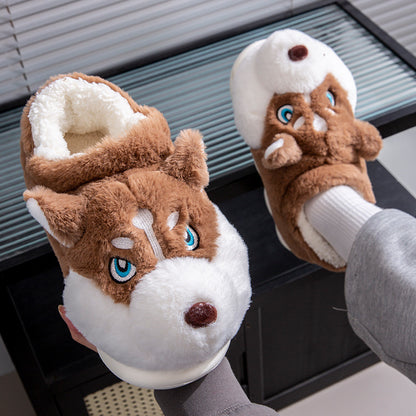 Cute Husky Cartoon Pure Cotton Slippers Men's Style Warm Indoor Slippers For Winter Home Use