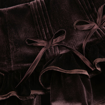 European And American Retro Brown Bow Bandage High Waist Velvet Skirt