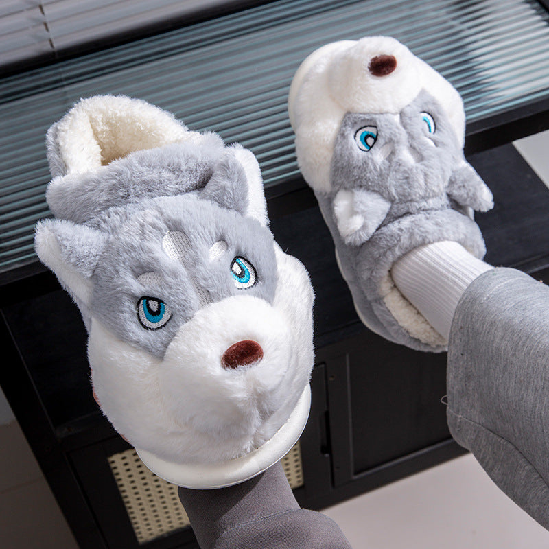 Cute Husky Cartoon Pure Cotton Slippers Men's Style Warm Indoor Slippers For Winter Home Use
