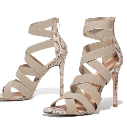 Cross Ties Snake Pattern Thin High Heels Sandals