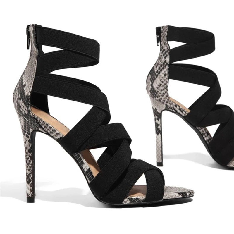 Cross Ties Snake Pattern Thin High Heels Sandals