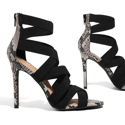Cross Ties Snake Pattern Thin High Heels Sandals