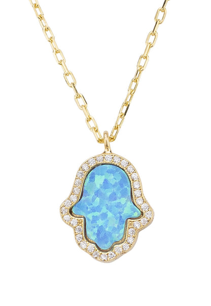 Hamsa Opalite Turquoise Blue Necklace Gold