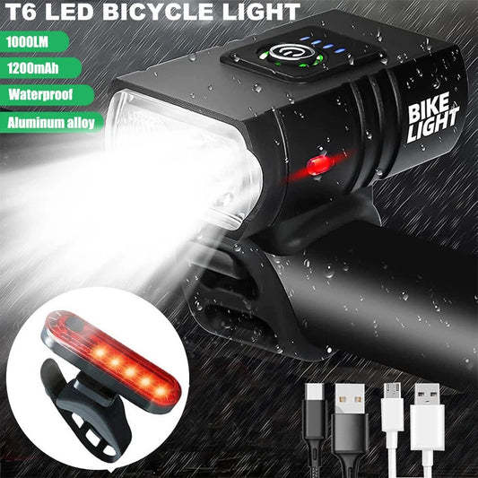 Mountain Bike Lights USB Rechargeable Bicycle T6 LED Torch Front Rear Lamp Set