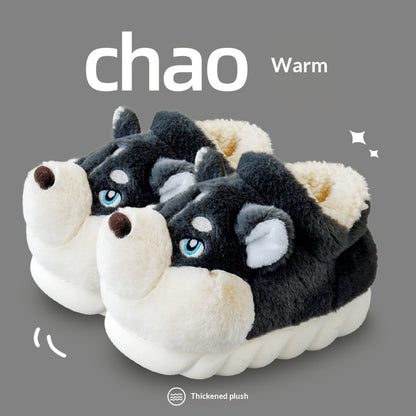 Cute Husky Cartoon Pure Cotton Slippers Men's Style Warm Indoor Slippers For Winter Home Use