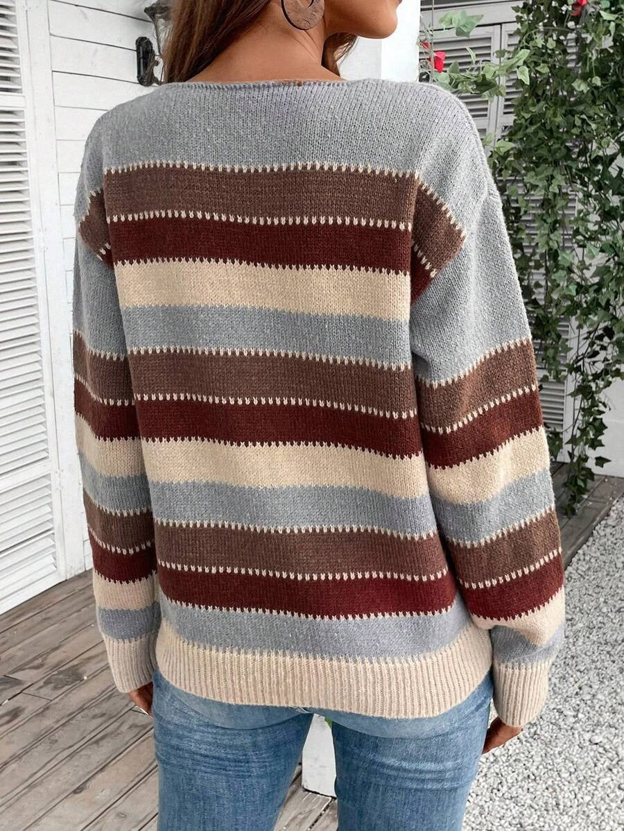 Colorblock Striped Pullover Sweater Fashion Casual Long Sleeve Top Autumn And Winter Women's Clothing