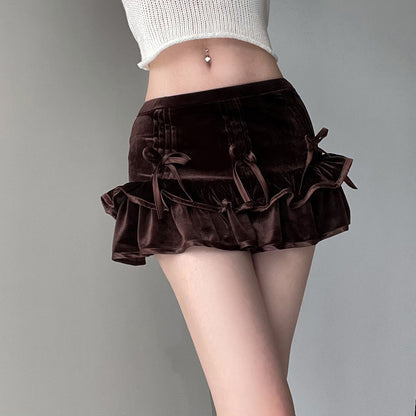 European And American Retro Brown Bow Bandage High Waist Velvet Skirt