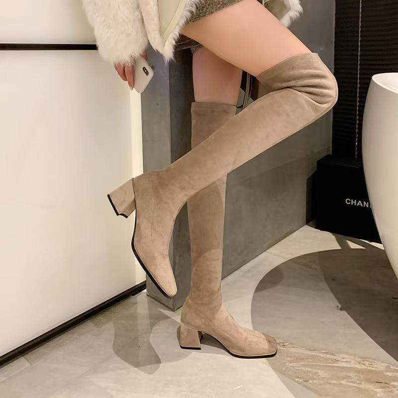 Stretchy Over-the-knee Chunky-heeled Boots For Fall And Winter
