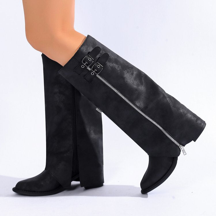 Pointed-toe Vintage Leather-buckle High-heeled Boots For Women