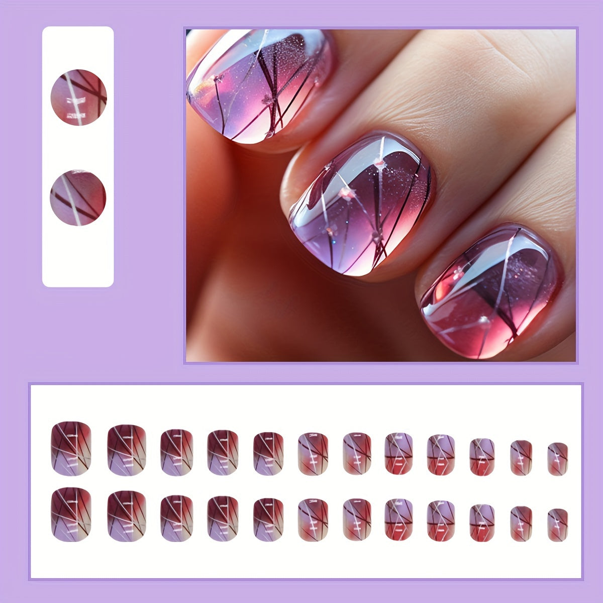 24pcs/set Square-Shaped Wine Red Glass Sense False Nails with Stripe Design - High-Quality Finished Nails for Women and Girls - Includes 1pc Nail File and 1sheet Adhesive Tabs for Easy Application