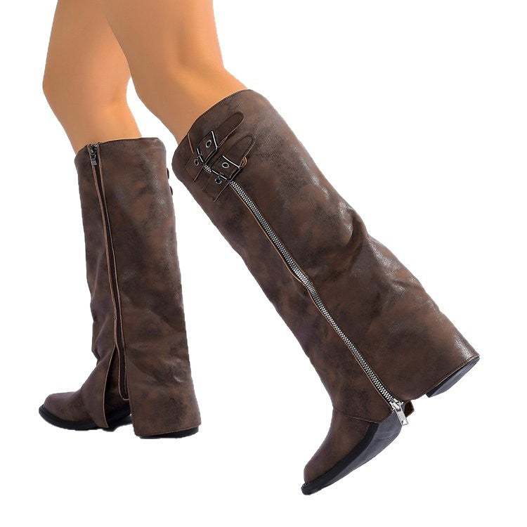 Pointed-toe Vintage Leather-buckle High-heeled Boots For Women