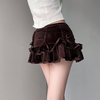 European And American Retro Brown Bow Bandage High Waist Velvet Skirt