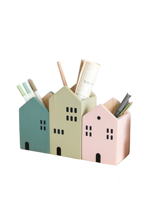 Cartoon House Wooden Pen Holder