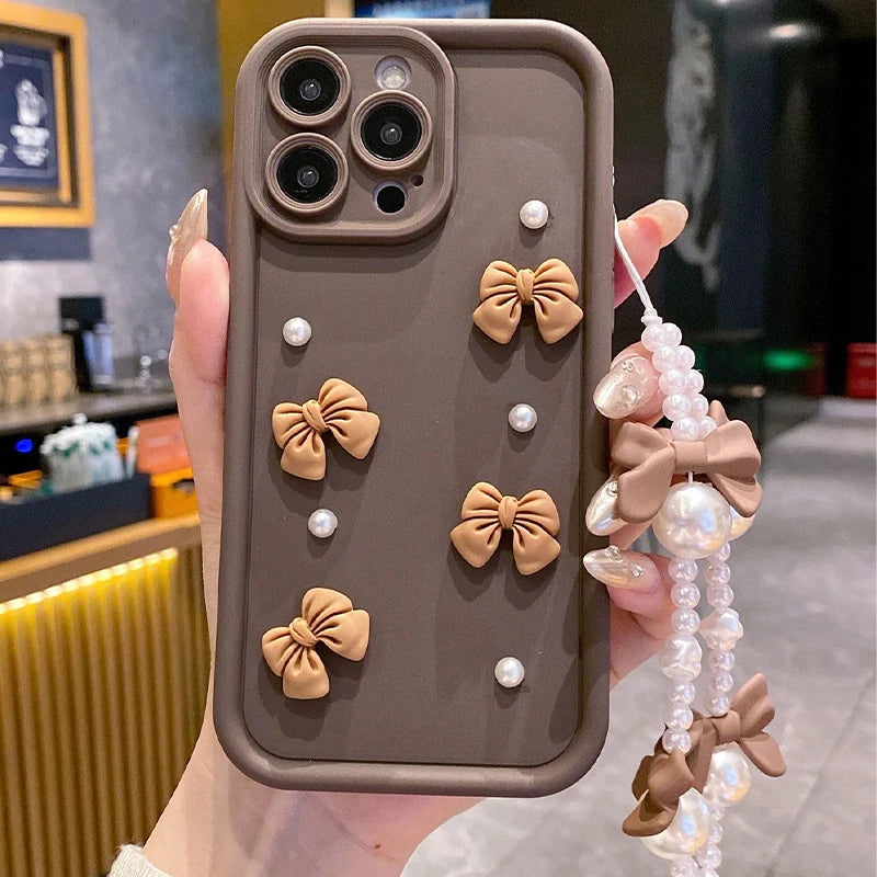 Korean 3D Bowknot Pearl Silicone Phone Case For iPhone 16 17 Pro 15 14 13 12 11 Pro Max 16E 7 8 Plus With Lanyard Soft Cover