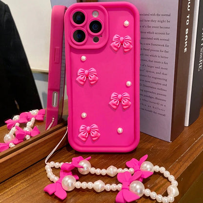 Korean 3D Bowknot Pearl Silicone Phone Case For iPhone 16 17 Pro 15 14 13 12 11 Pro Max 16E 7 8 Plus With Lanyard Soft Cover