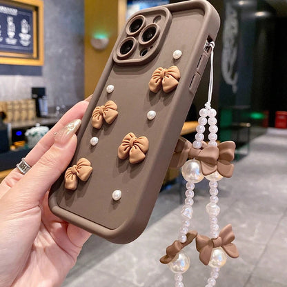 Korean 3D Bowknot Pearl Silicone Phone Case For iPhone 16 17 Pro 15 14 13 12 11 Pro Max 16E 7 8 Plus With Lanyard Soft Cover