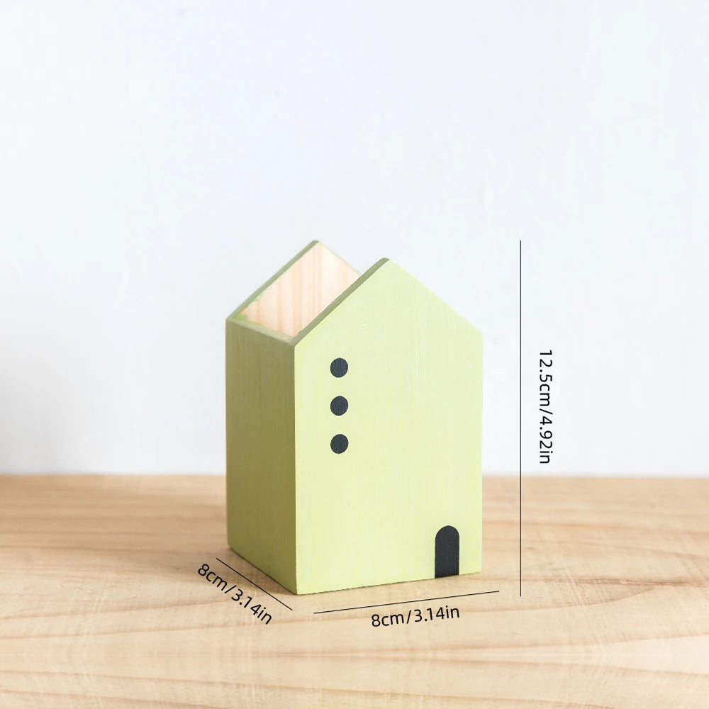 Cartoon House Wooden Pen Holder