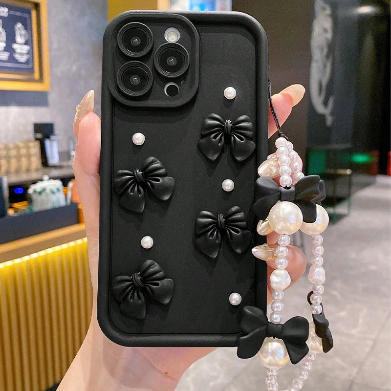 Korean 3D Bowknot Pearl Silicone Phone Case For iPhone 16 17 Pro 15 14 13 12 11 Pro Max 16E 7 8 Plus With Lanyard Soft Cover