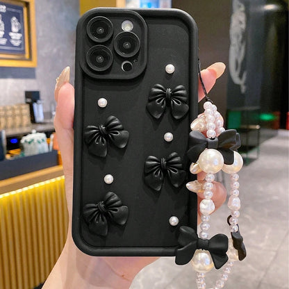 Korean 3D Bowknot Pearl Silicone Phone Case For iPhone 16 17 Pro 15 14 13 12 11 Pro Max 16E 7 8 Plus With Lanyard Soft Cover