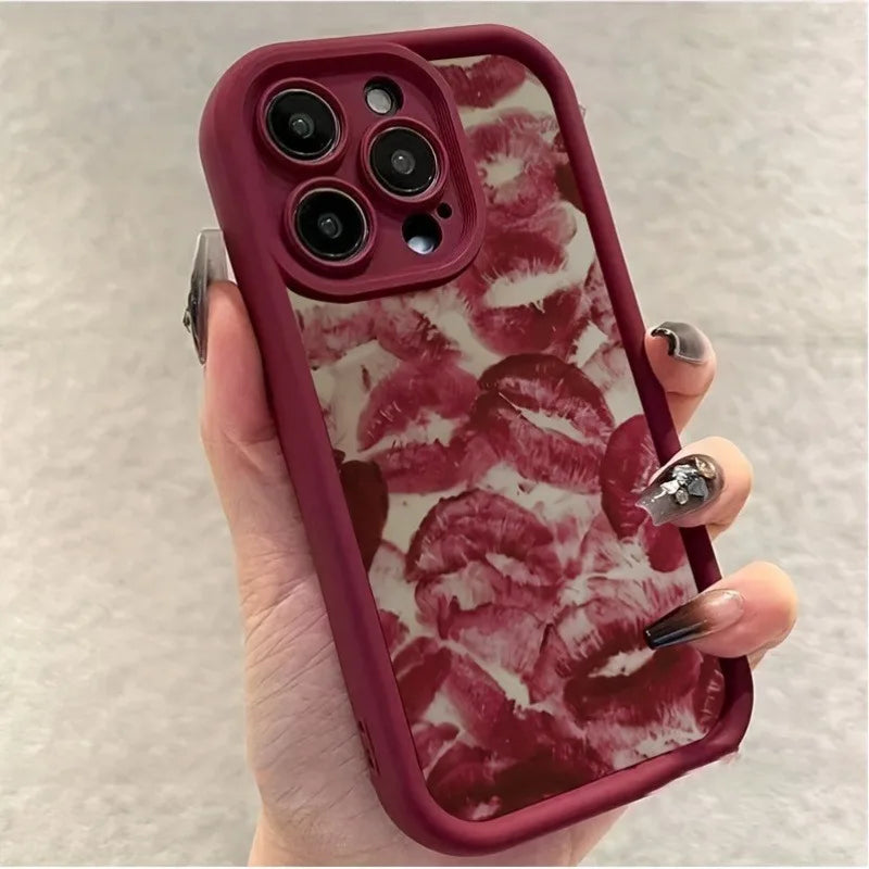 Wine Red Lip Print Case For iPhone 17 16 16E 15 Pro Max ,Air 14 13 12 11 XS XR X 7 8Plus