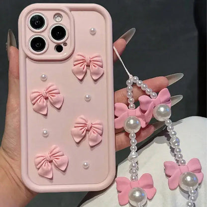Korean 3D Bowknot Pearl Silicone Phone Case For iPhone 16 17 Pro 15 14 13 12 11 Pro Max 16E 7 8 Plus With Lanyard Soft Cover