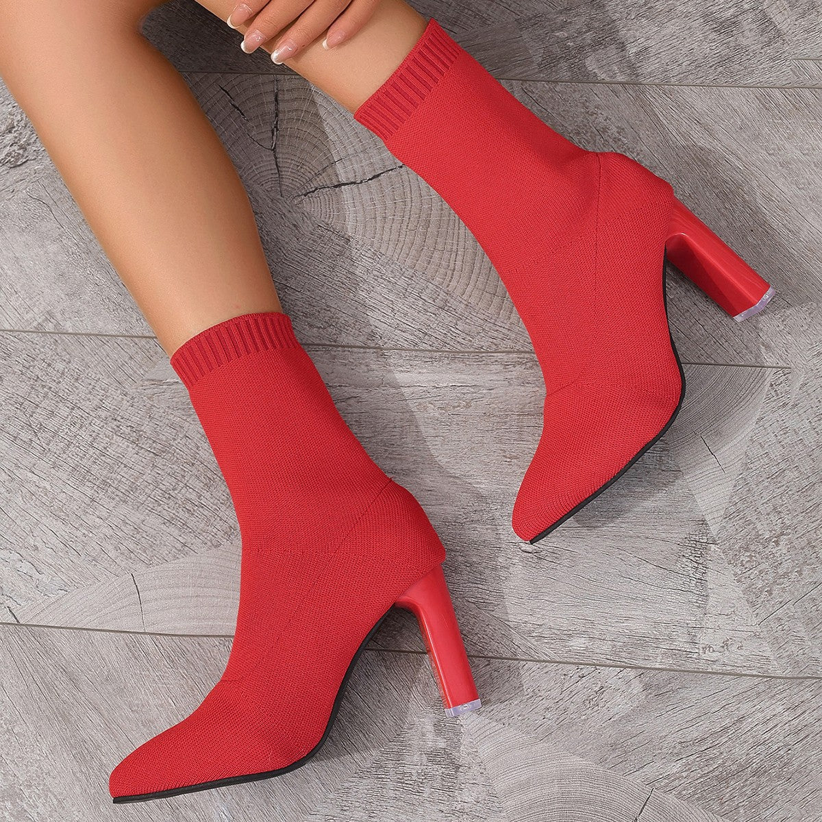 Chunky-heeled Knitted Suede Ankle Boots With Pointed Toes For Women