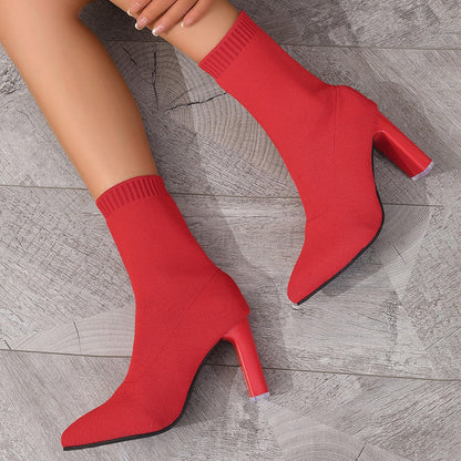 Chunky-heeled Knitted Suede Ankle Boots With Pointed Toes For Women