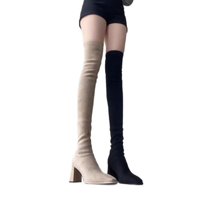 Stretchy Over-the-knee Chunky-heeled Boots For Fall And Winter