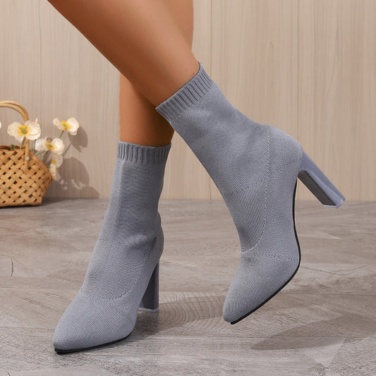 Chunky-heeled Knitted Suede Ankle Boots With Pointed Toes For Women