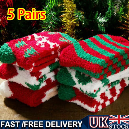 5 Pairs Christmas Soft Ladies Fluffy Lounge Cosy Bed Socks
