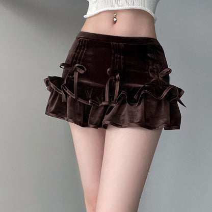 European And American Retro Brown Bow Bandage High Waist Velvet Skirt