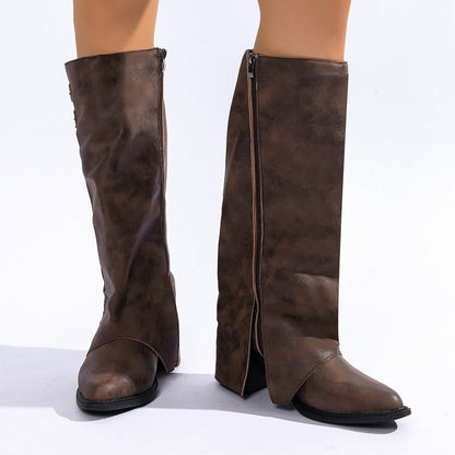 Pointed-toe Vintage Leather-buckle High-heeled Boots For Women