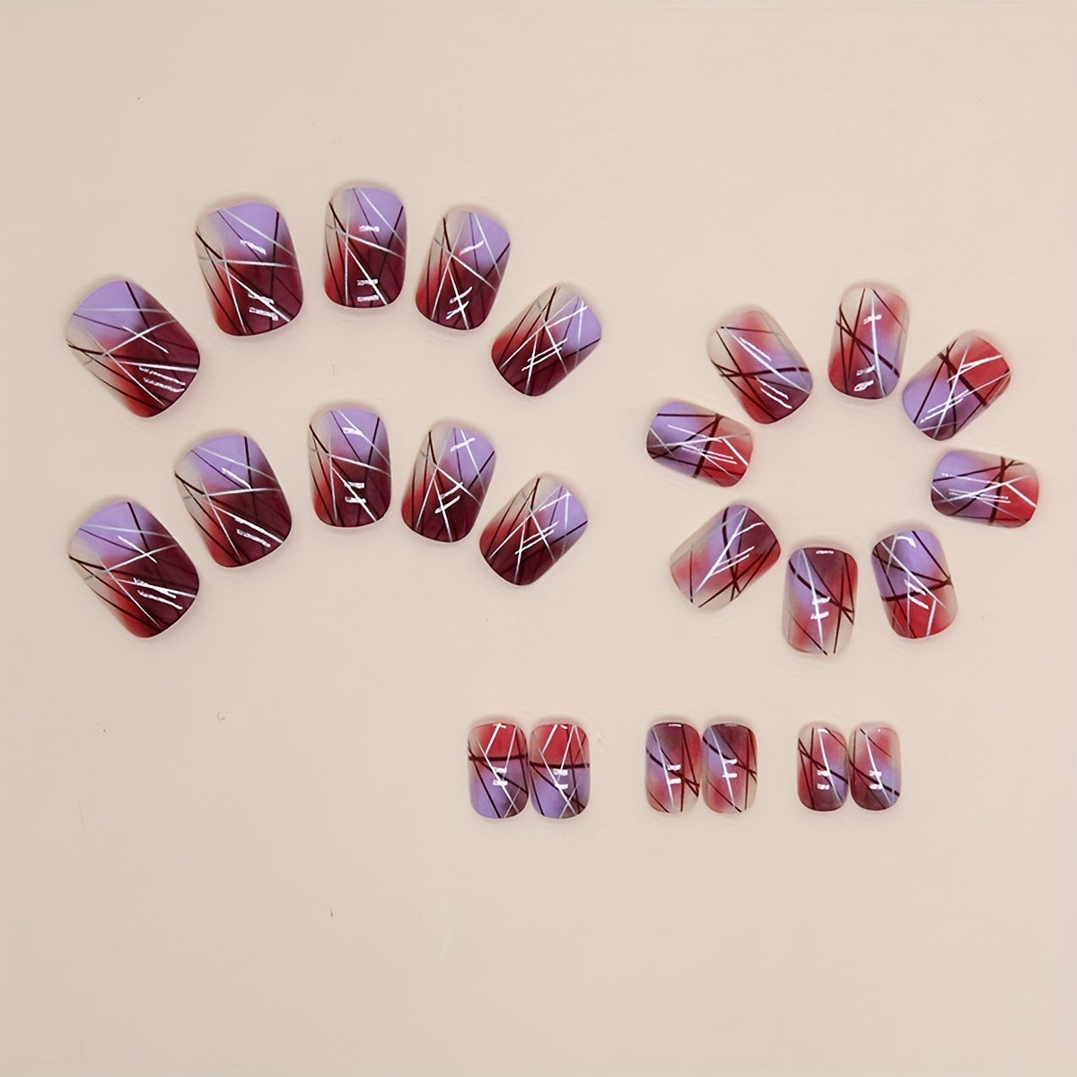 24pcs/set Square-Shaped Wine Red Glass Sense False Nails with Stripe Design - High-Quality Finished Nails for Women and Girls - Includes 1pc Nail File and 1sheet Adhesive Tabs for Easy Application