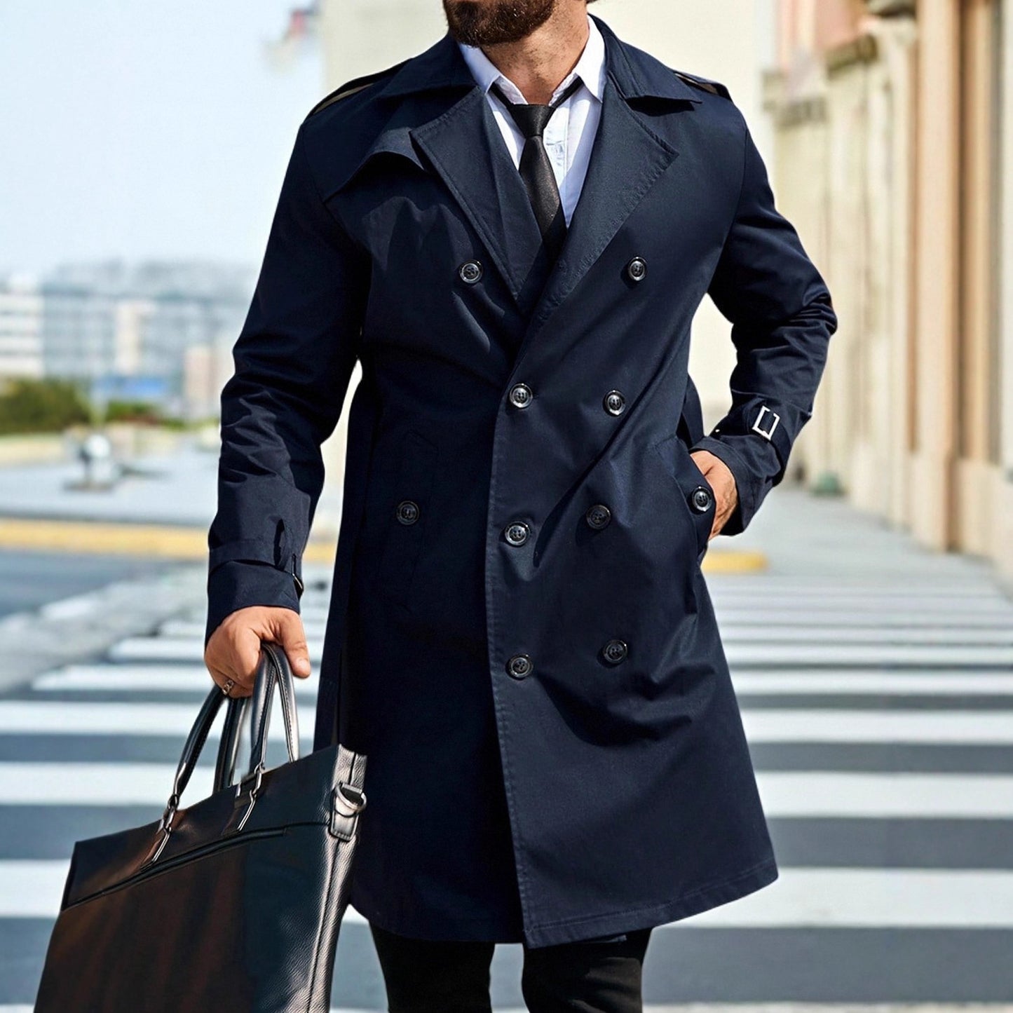 Mens Mid-length Double-breasted Casual Trench Coat