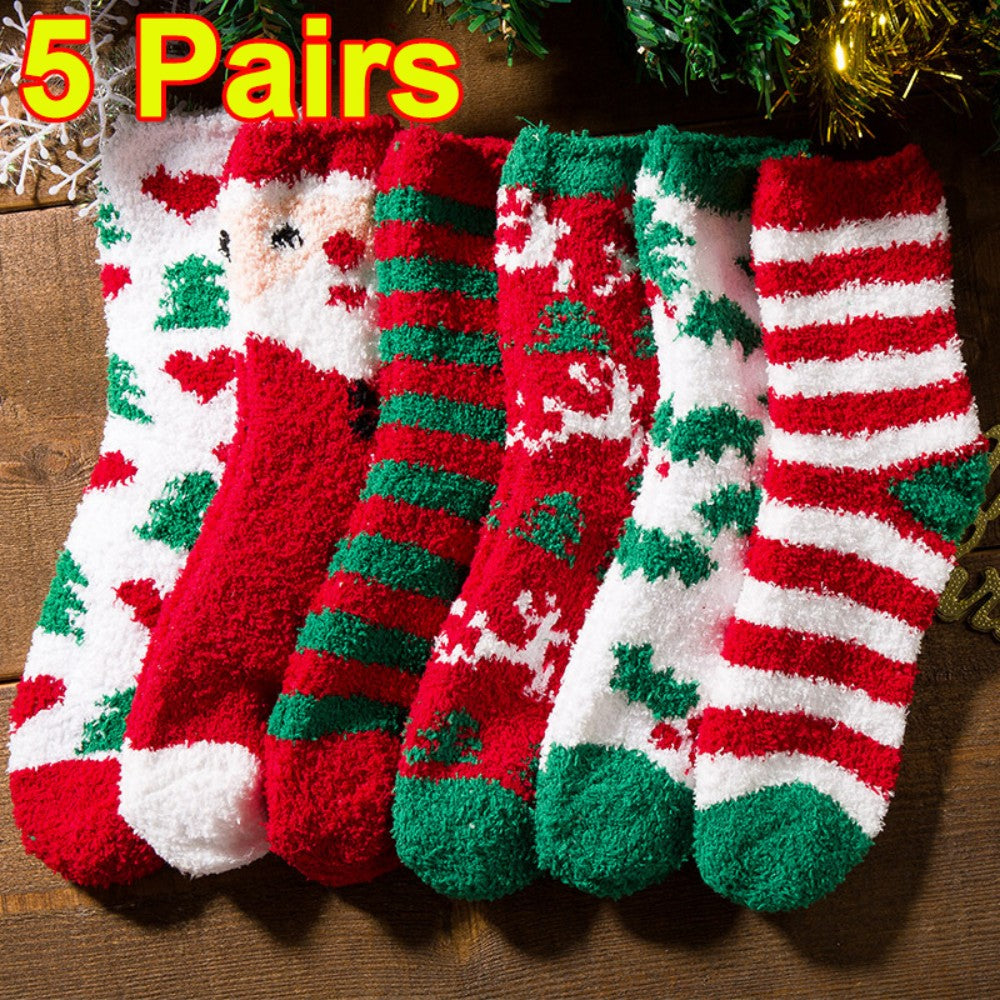 5 Pairs Christmas Soft Ladies Fluffy Lounge Cosy Bed Socks