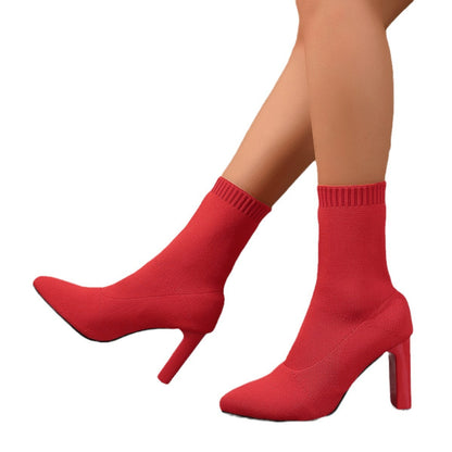 Chunky-heeled Knitted Suede Ankle Boots With Pointed Toes For Women